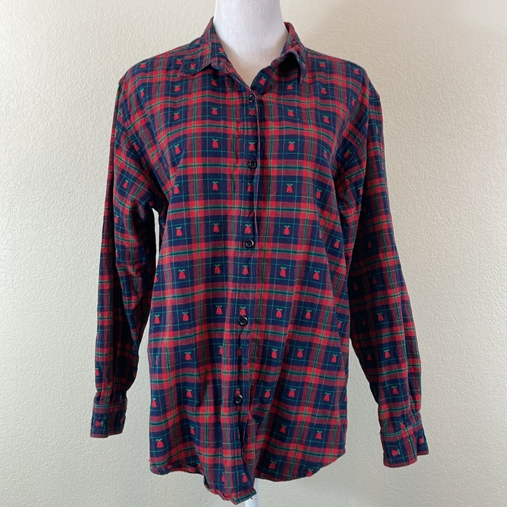 Jane Ashley red/blue bell 100% cotton long sleeve button down shirt size medium